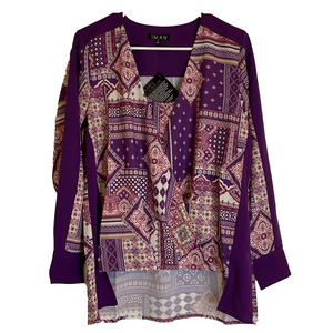 IMAN Global Chic Purple Geometric Print Draped Blouse, Women’s S, Multicolor